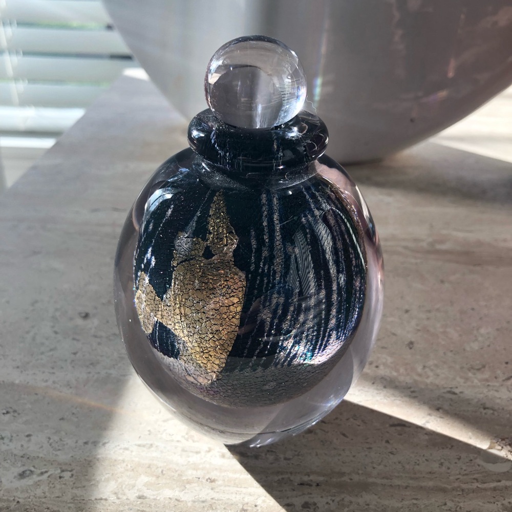 Robert Eickholt Perfume Bottle Art Glass Green Purple Dichroic Gold 1990 Signed